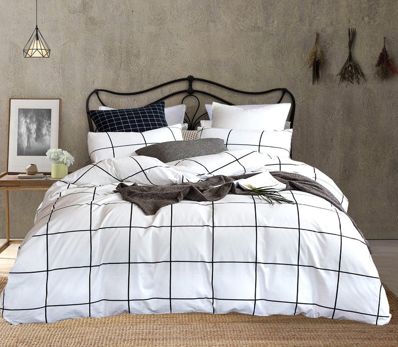 KAREVER White Grid Comforter Twin Plaid Bedding Set Stripes Boys Checkered Comforters Bedding Set Girls White Grid Comforter Set Twin - Image 4